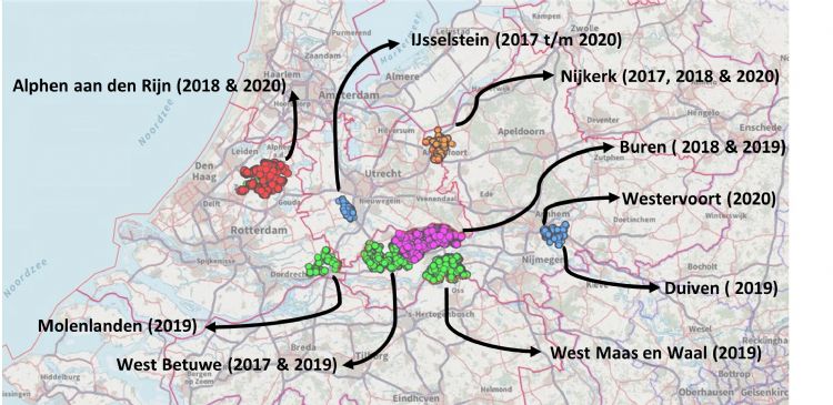 Overzichtskaart van de verschillende gemeentes waar Tree-o-logic essen gemonitord heeft Overzichtskaart van de verschillende gemeentes waar Tree-o-logic essen gemonitord heeft