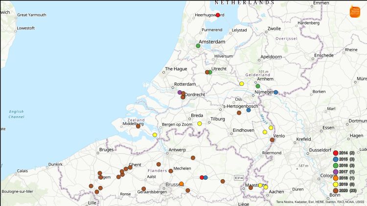 Overzichtskaart Roetschorsziekte 2-2-2021 in NL en BE. Foto: Terra Nostra